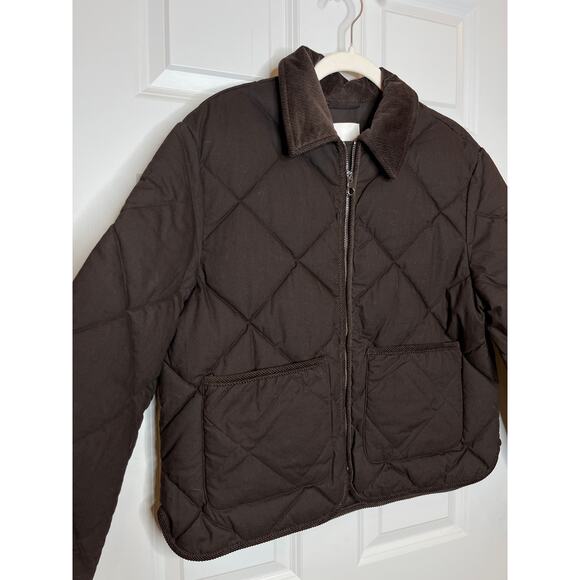 H&M Women Small Quilted Jacket Dark Brown Corduroy Collar Boxy Fit - Picture 5 of 11